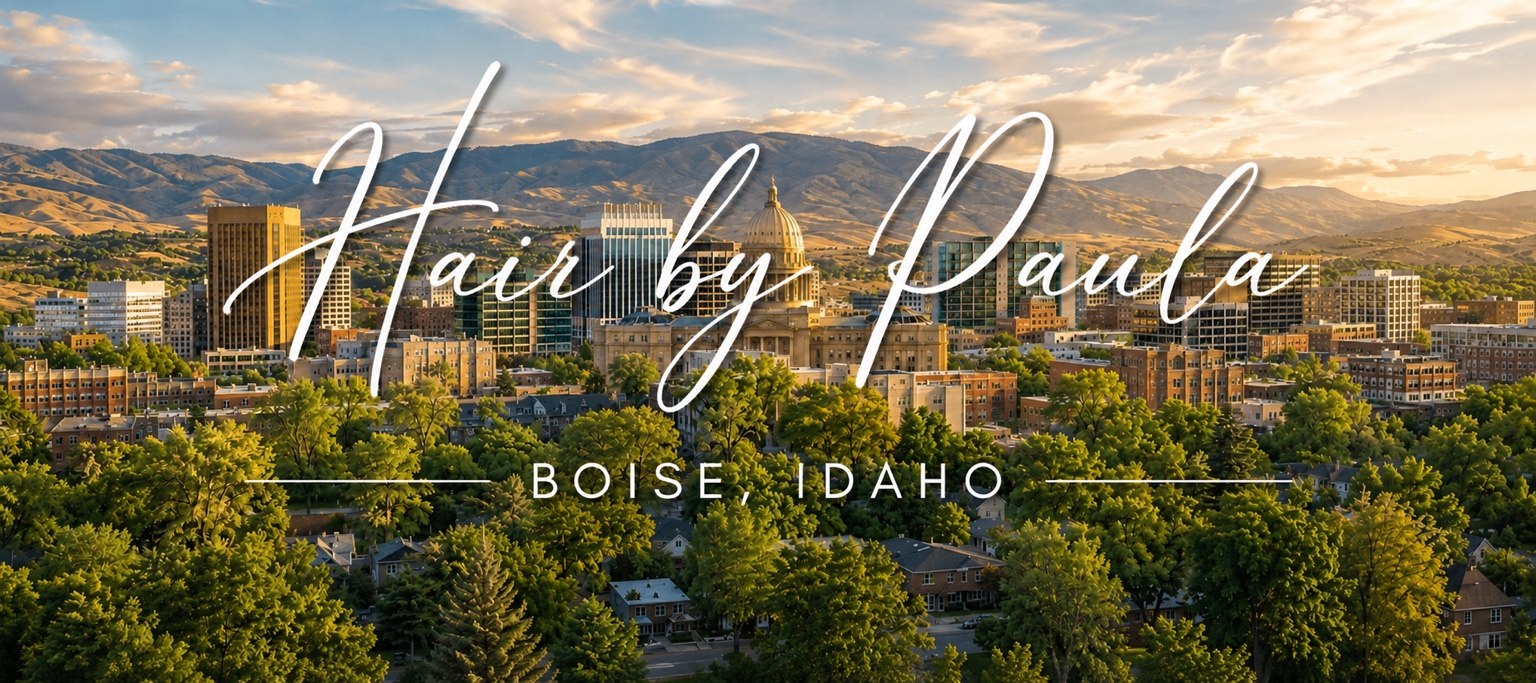 Hair by Paula brand image over the Boise, Idaho skyline
