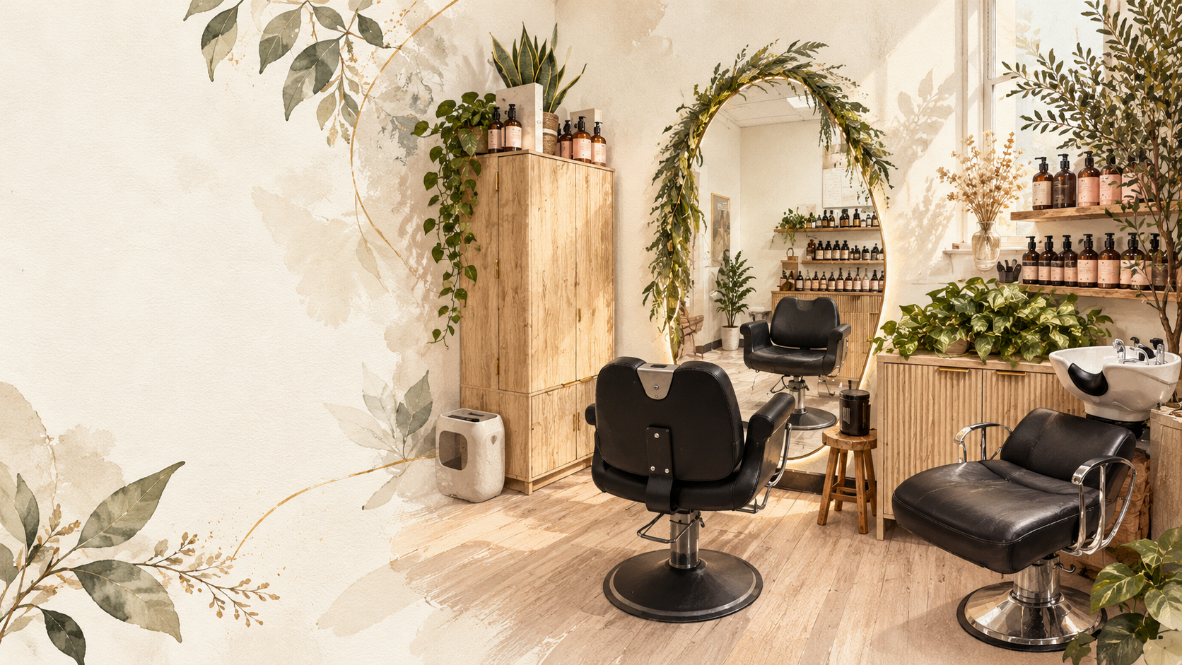 Botanical editorial artwork of Hair by Paula's salon, with warm wood, mirrors, plants, and OWAY products