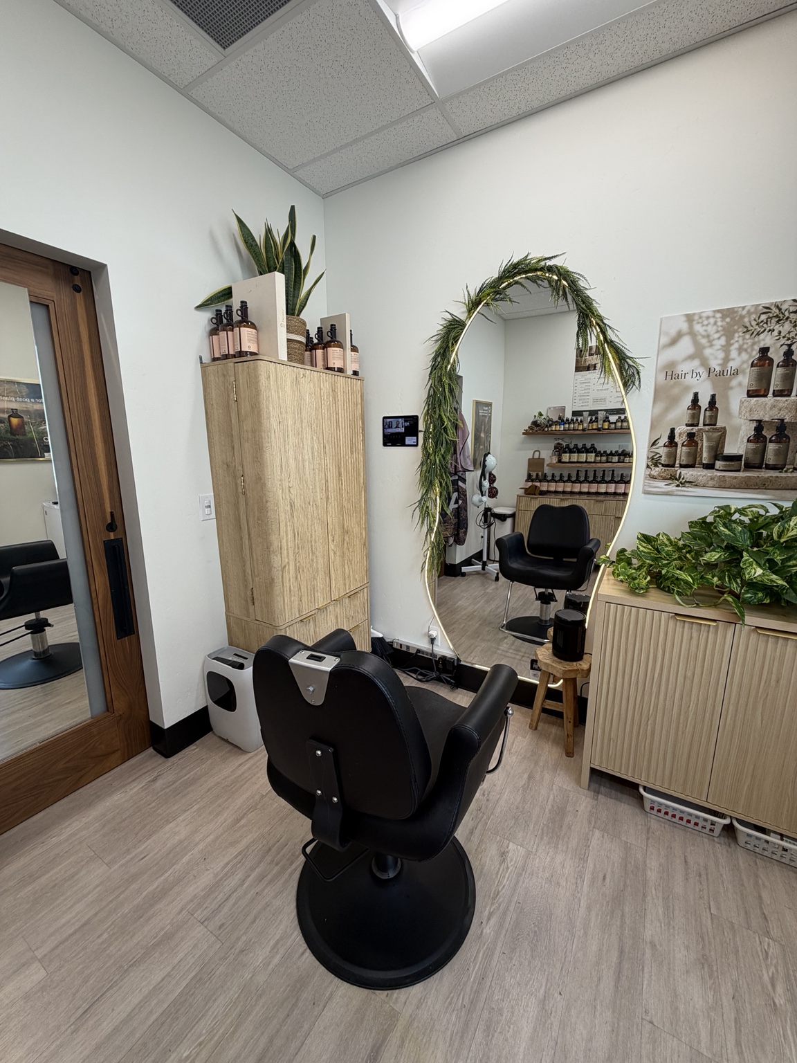Hair by Paula's Meridian salon, with the styling chair, OWAY products, and botanical details