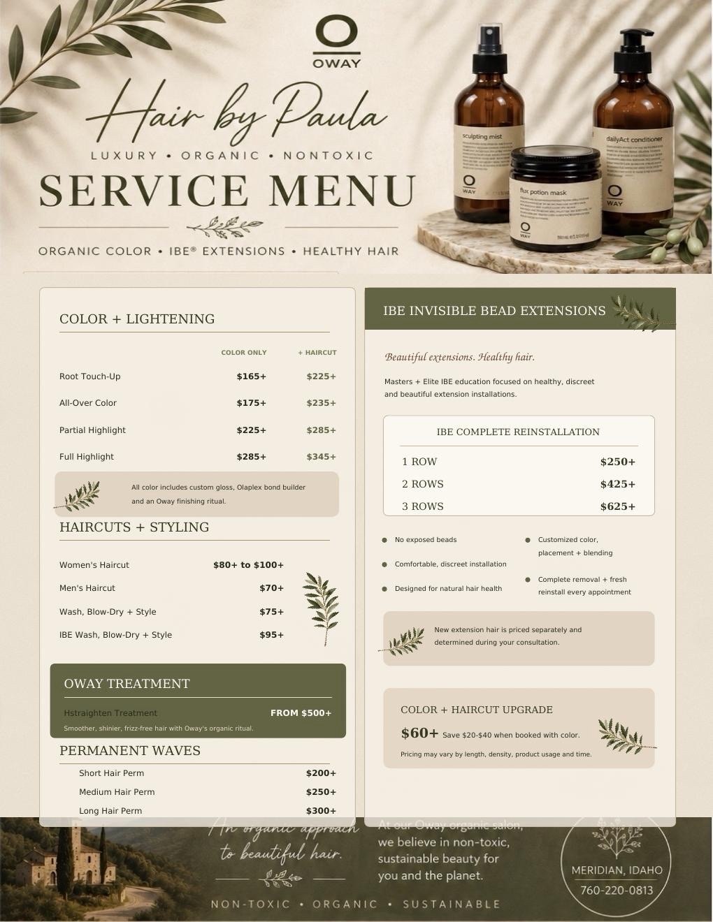 Hair by Paula service menu with OWAY color, IBE extensions, and styling